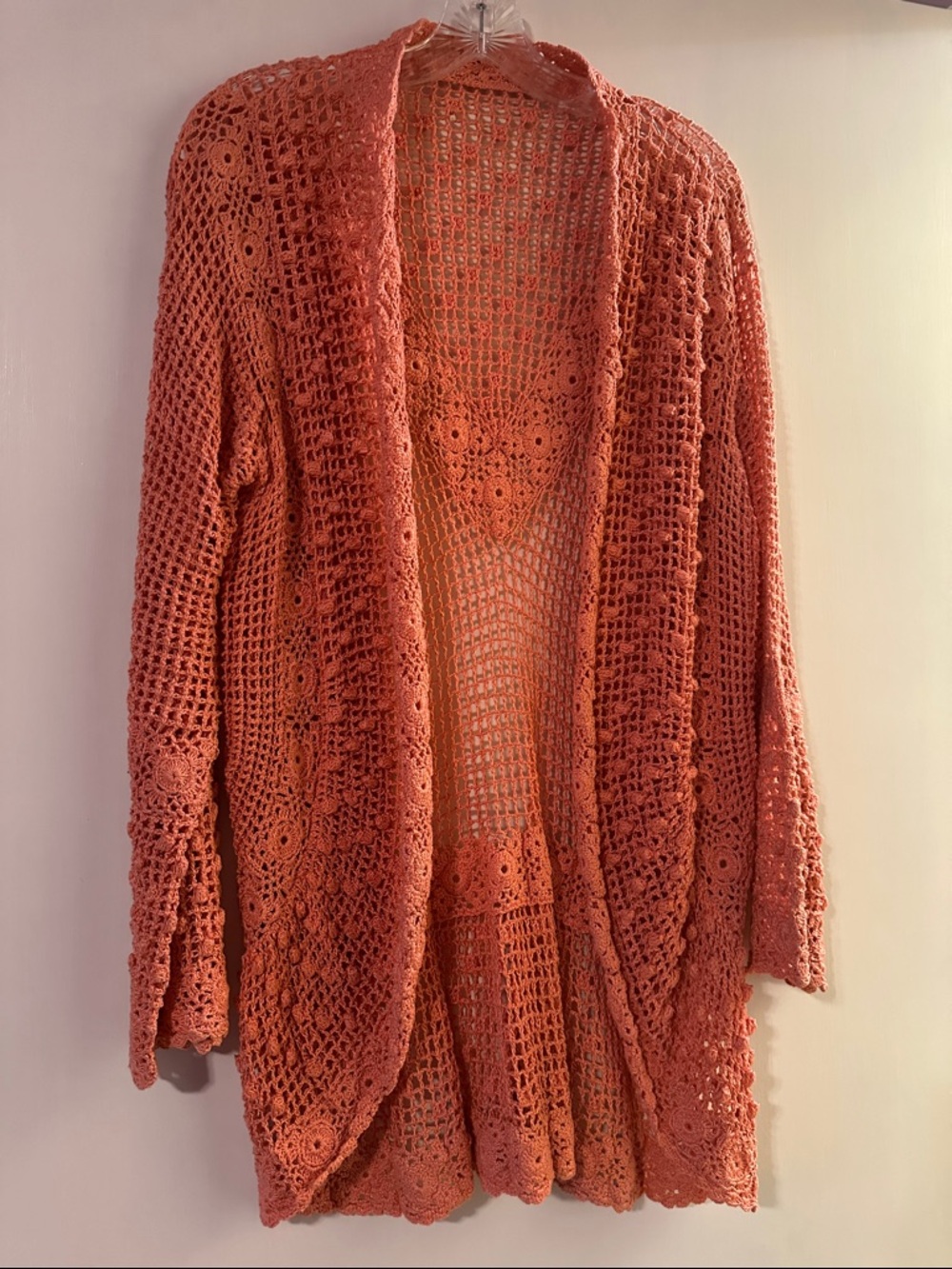 Open-Front Crochet Cardigan Sweater - Coral